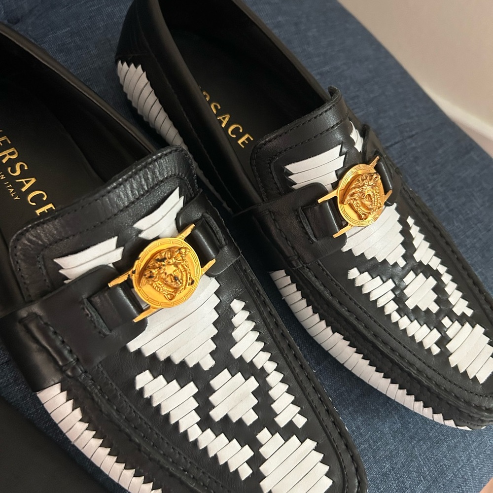 Versace Black and White Loafers with Gold Medallion NEW